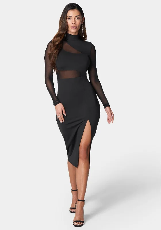 Amazing Prices You Can’t Resist!Mesh Inset Long Sleeve Midi Dress