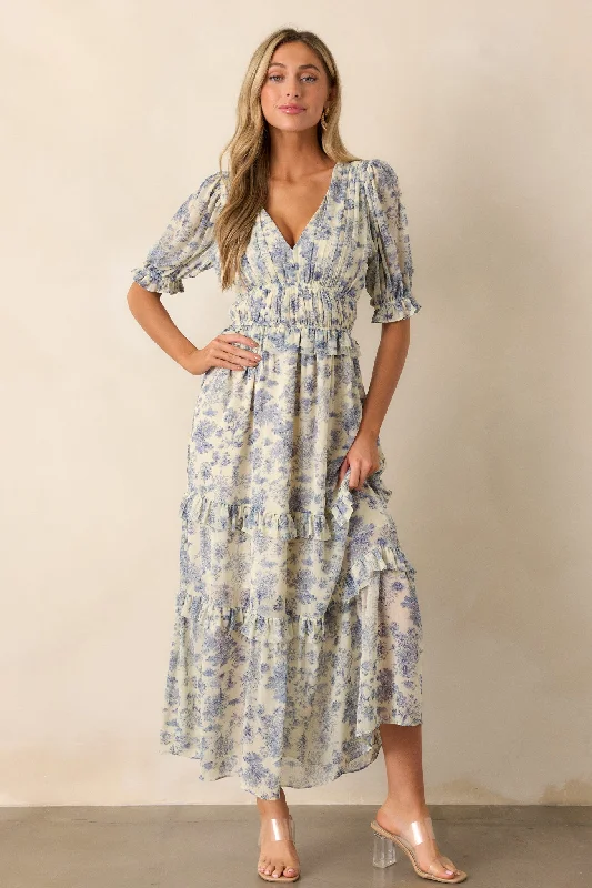 Get Ready to Save!Midnight Train Blue Floral Midi Dress