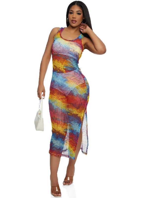 Shop Before It’s Gone!Fishnet Printed Side Slit Midi Tank Dress