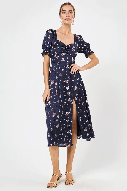Your Favorite Items on Sale Now!Navy Floral Puff Sleeve Midi Dress
