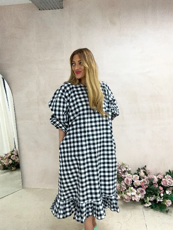 Special Discounts Inside!Olivia Puff Sleeve Midi Dress In Black Gingham