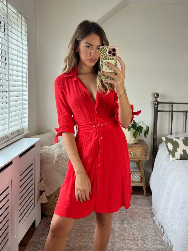 Get More, Spend Less – Shop Now!Olivia Mini Belted Shirt Dress / Red