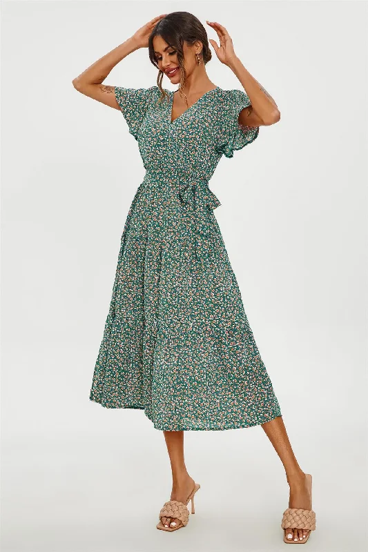 Your Wallet Will Thank You!Orange Floral Print Hem Tiered Wrap Midi Dress In Green