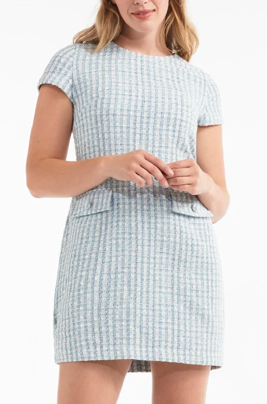 Your Chance to Save is Now!Paola Short Sleeve Shift Mini Dress in Tweed Blue- FINAL SALE