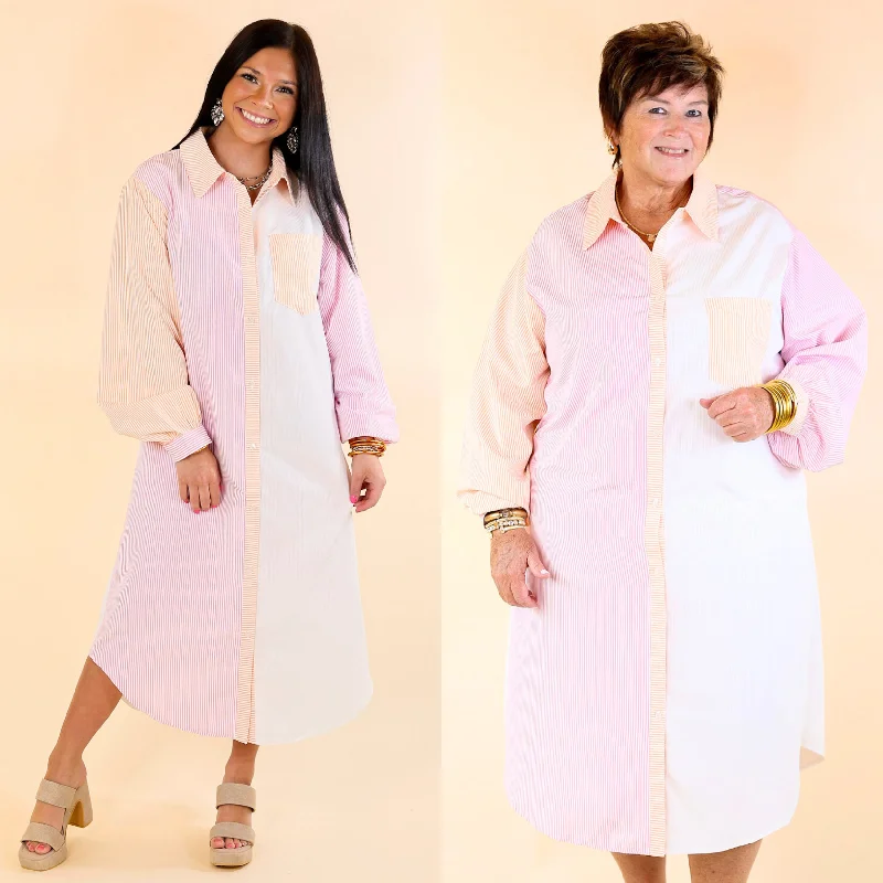 Upgrade for Less!Picture This Button Up Pin Stripe Midi Dress in Orange and Pink