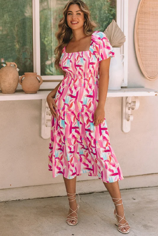 Find the Best Deals Here!Pink Brush Stroke Printed Smocked Ruffle Tiered Dress