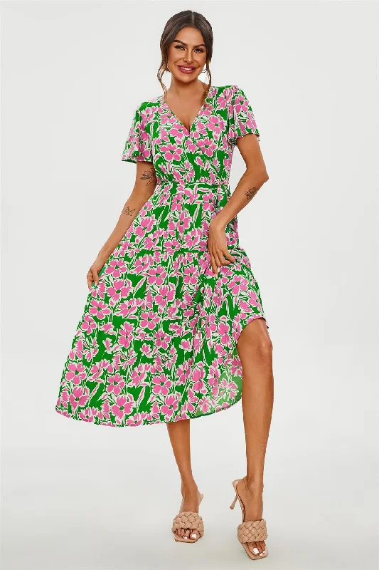 Your Chance to Save is Now!Pink Floral Print Hem Tiered Wrap Midi Dress In Green