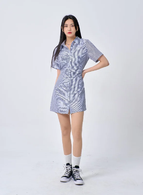 Upgrade for Less!Pinstripe Mini Shirt Dress BA326