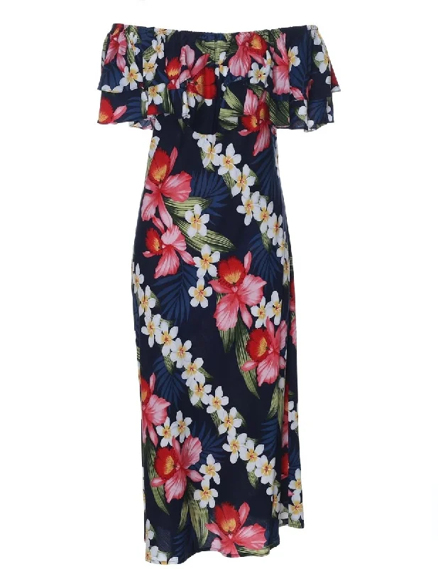 Unbeatable Prices!Plumeria Orchid Panel Off Shoulder Short Hawaiian Dress