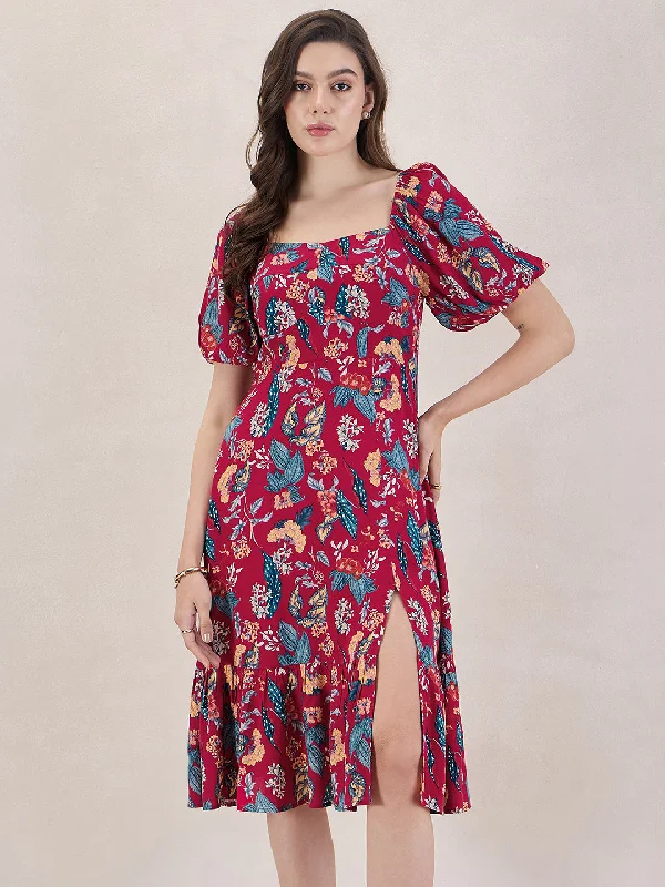 Mega Sale Happening Now!Red Floral Front Slit Midi Dress