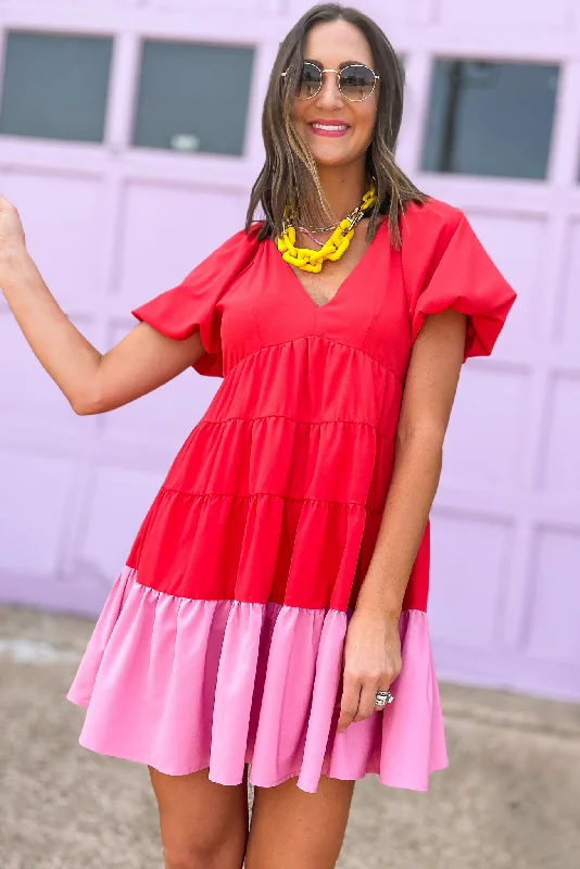 Price Drop Alert!Red Pink Colorblock V Neck Bubble Sleeve Babydoll Dress