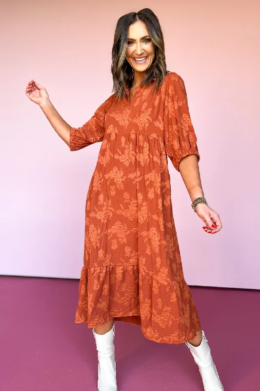 Save Up to 50% Off!Rust Floral Collared Split Neck 3/4 Sleeve Tiered Midi Dress