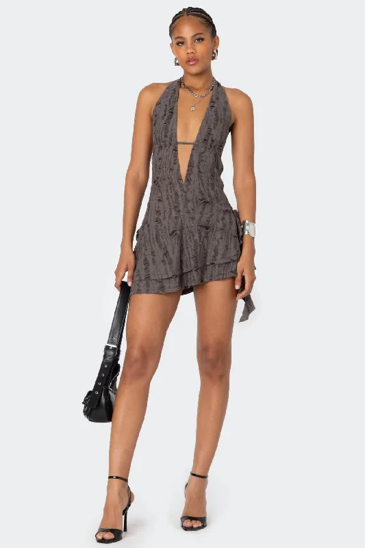 Best Offers of the Month!Shredded Backless Halter Mini Dress