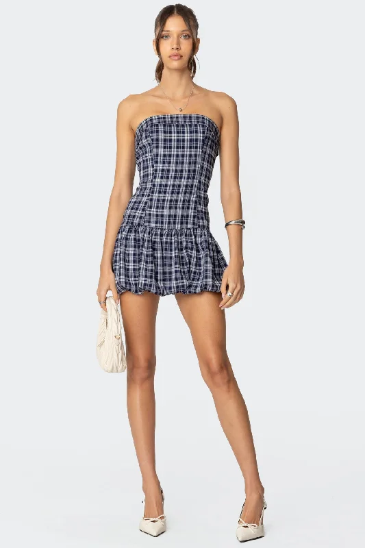 Buy More, Save More!Plaid Strapless Bubble Mini Dress