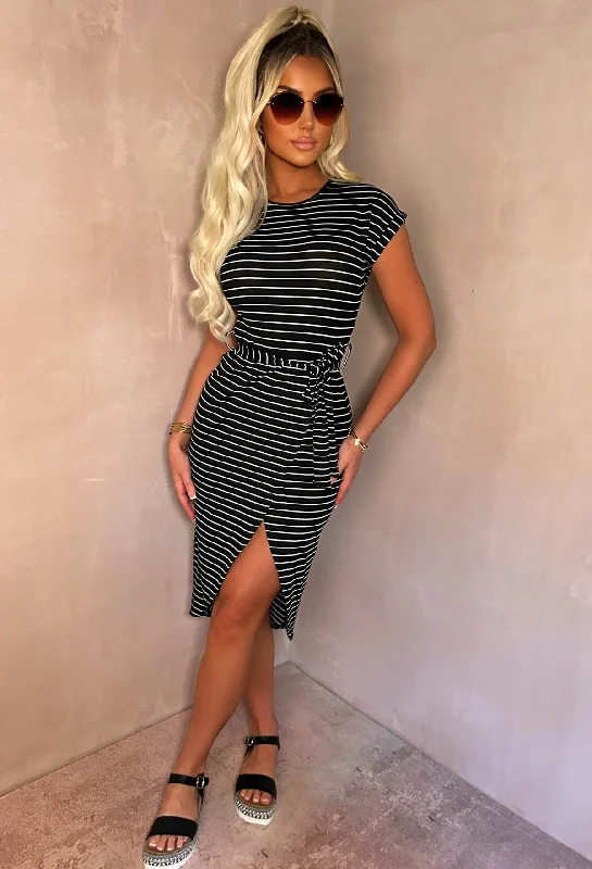 Buy One, Get One Free!Stay In Line Black Short Sleeve Belted Striped Midi Dress