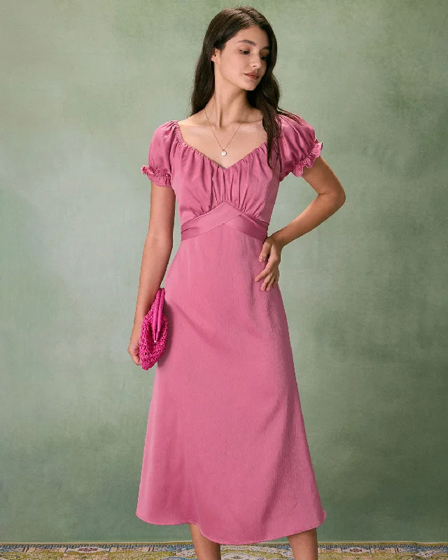 Enjoy Huge Discounts Now!The Pink Sweetheart Neck Ruched Satin Midi Dress
