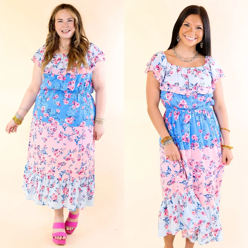 Time to Save Big!Tides In Tulum Floral Midi Dress with Ruffle Sleeves in Pink and Blue