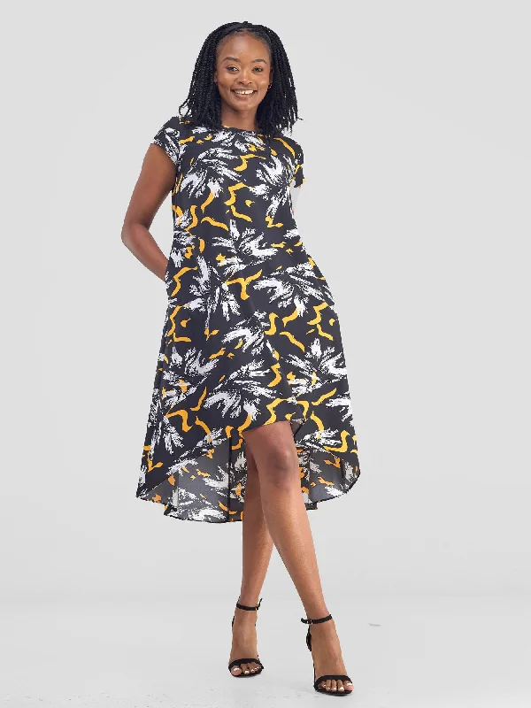 Score Huge Discounts Today!Jema High Low Tent Dress - Yellow / Black Print