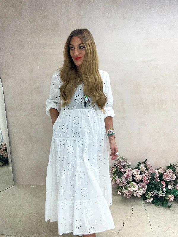 Your Favorite Sale is Back!Broderie Anglaise Tiered Midi Dress In White