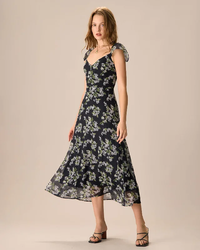 Save More with Every Purchase!Women's Black Floral Shirred Midi Dress
